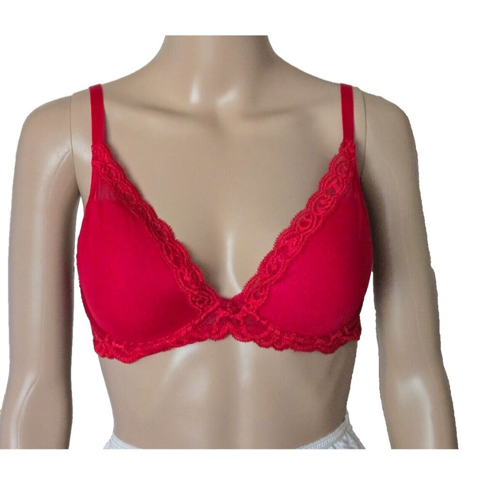 Natori Bra red Feathers Plunge Underwire Back Closure 730023 size 34D
